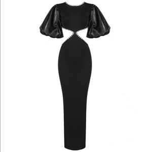 Black puff sleeve dress crystal back bow detail